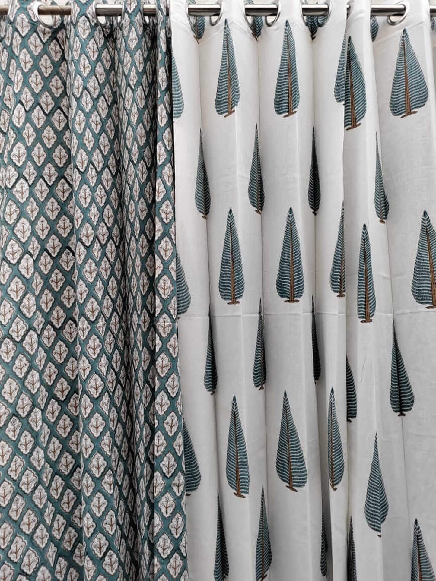 Block Print Curtain-  Blue Cypress and Jaal