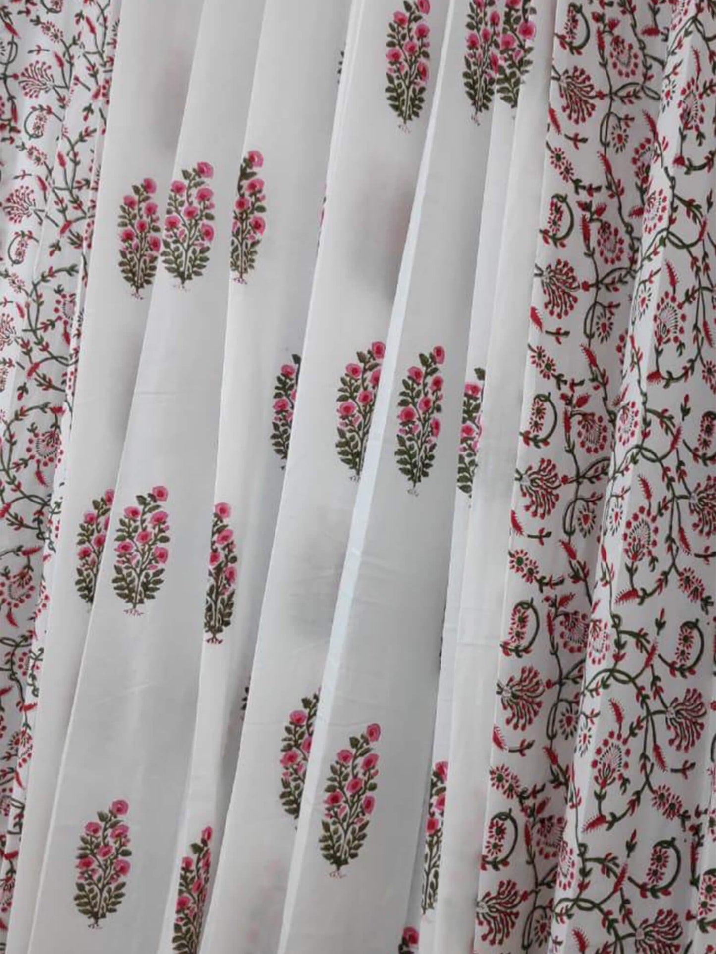 Block Print Curtain- White Butti and Pink Fulwari