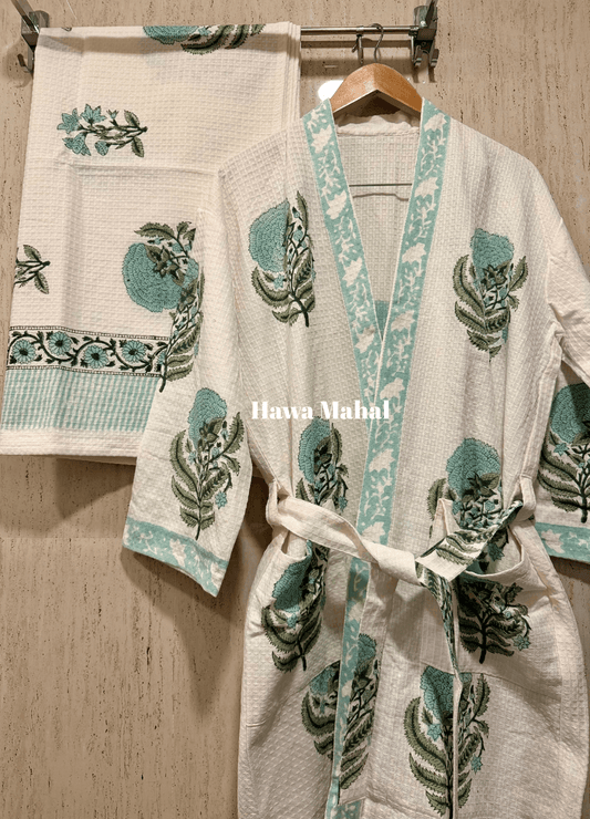 Set of 2 Blockprint Cotton Waffle Bathrobe & Towel