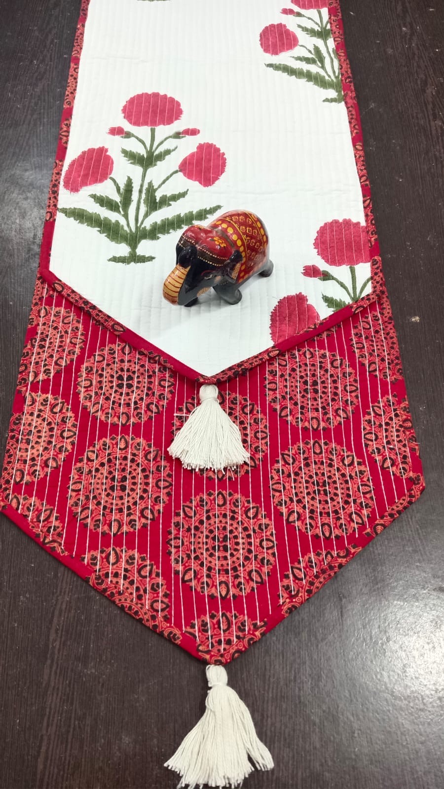 Hand Block Quilted Table Runner - Red