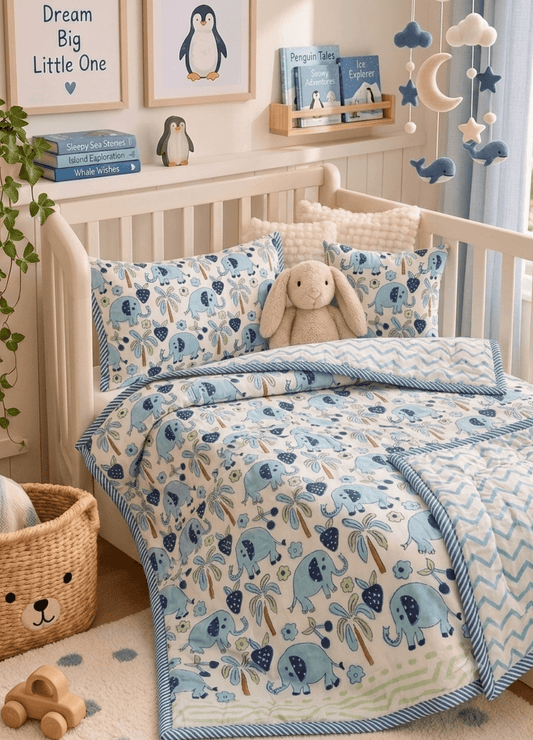 Kids Reversible Mulmul Quilt- Blue Elephant
