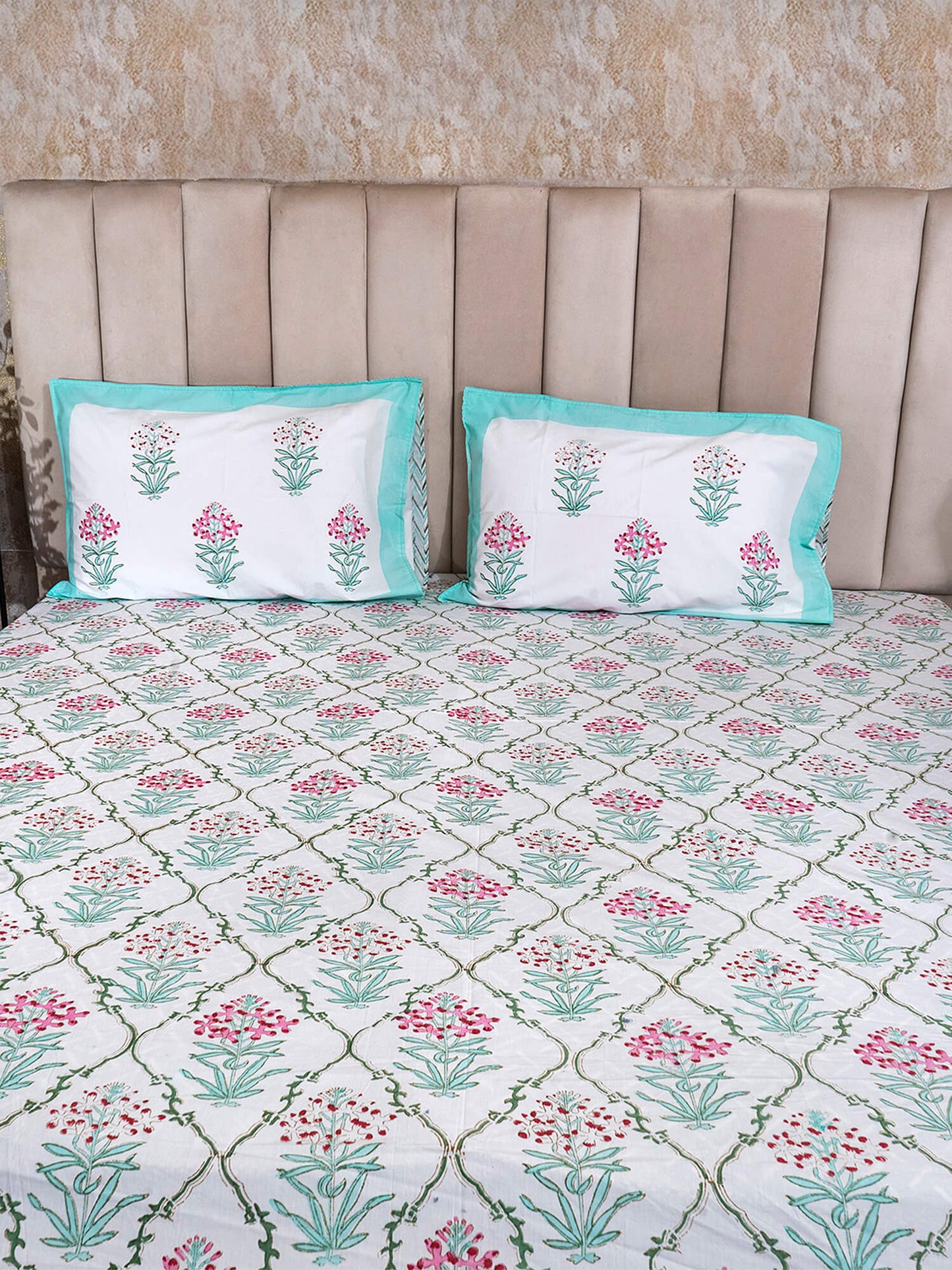 Mughal Bagh Collection - Hand Block Printed Super King Bedsheet with Reversible Pillow Covers (108 x 108 inches)