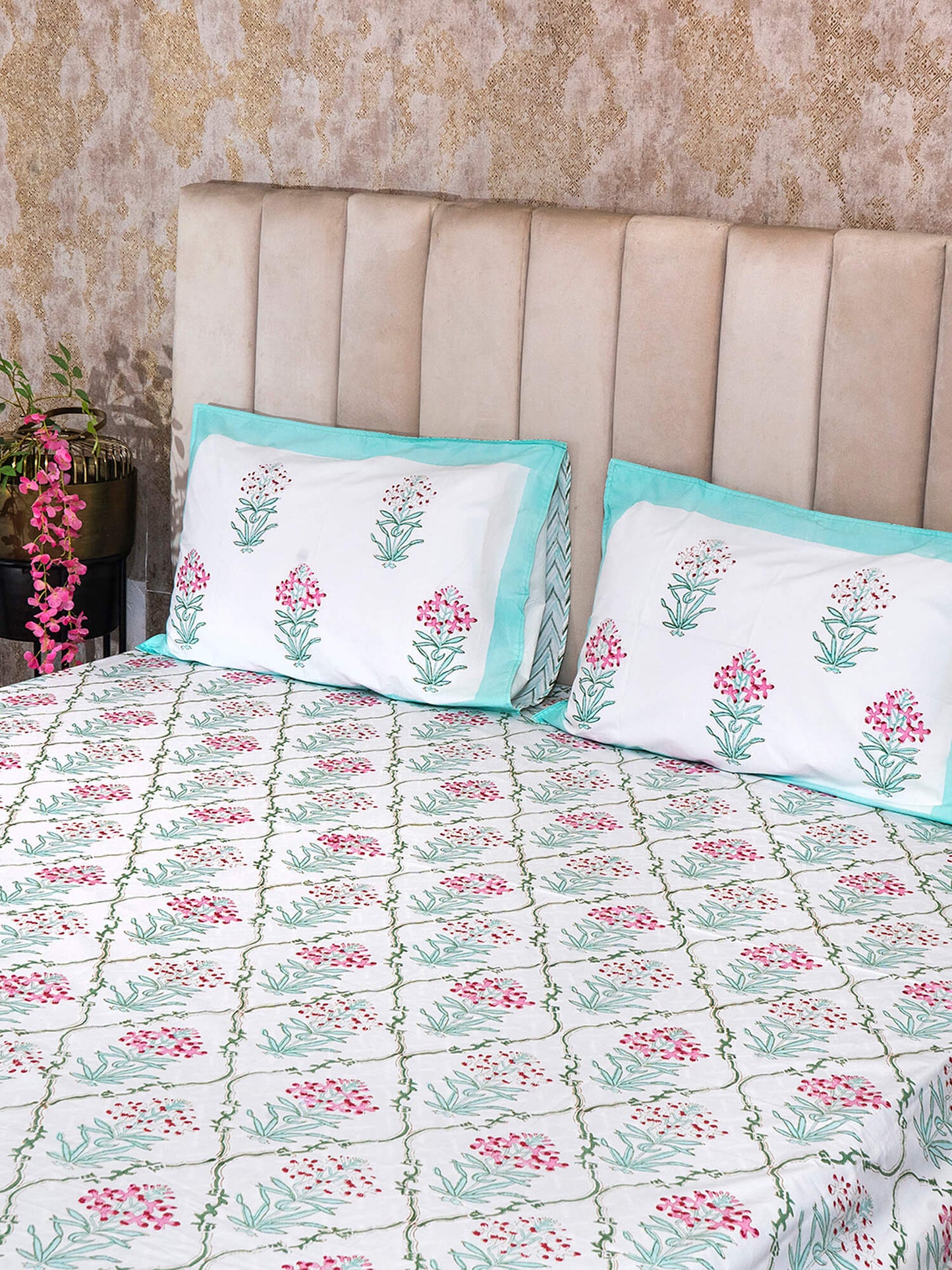 Mughal Bagh Collection - Hand Block Printed Super King Bedsheet with Reversible Pillow Covers (108 x 108 inches)