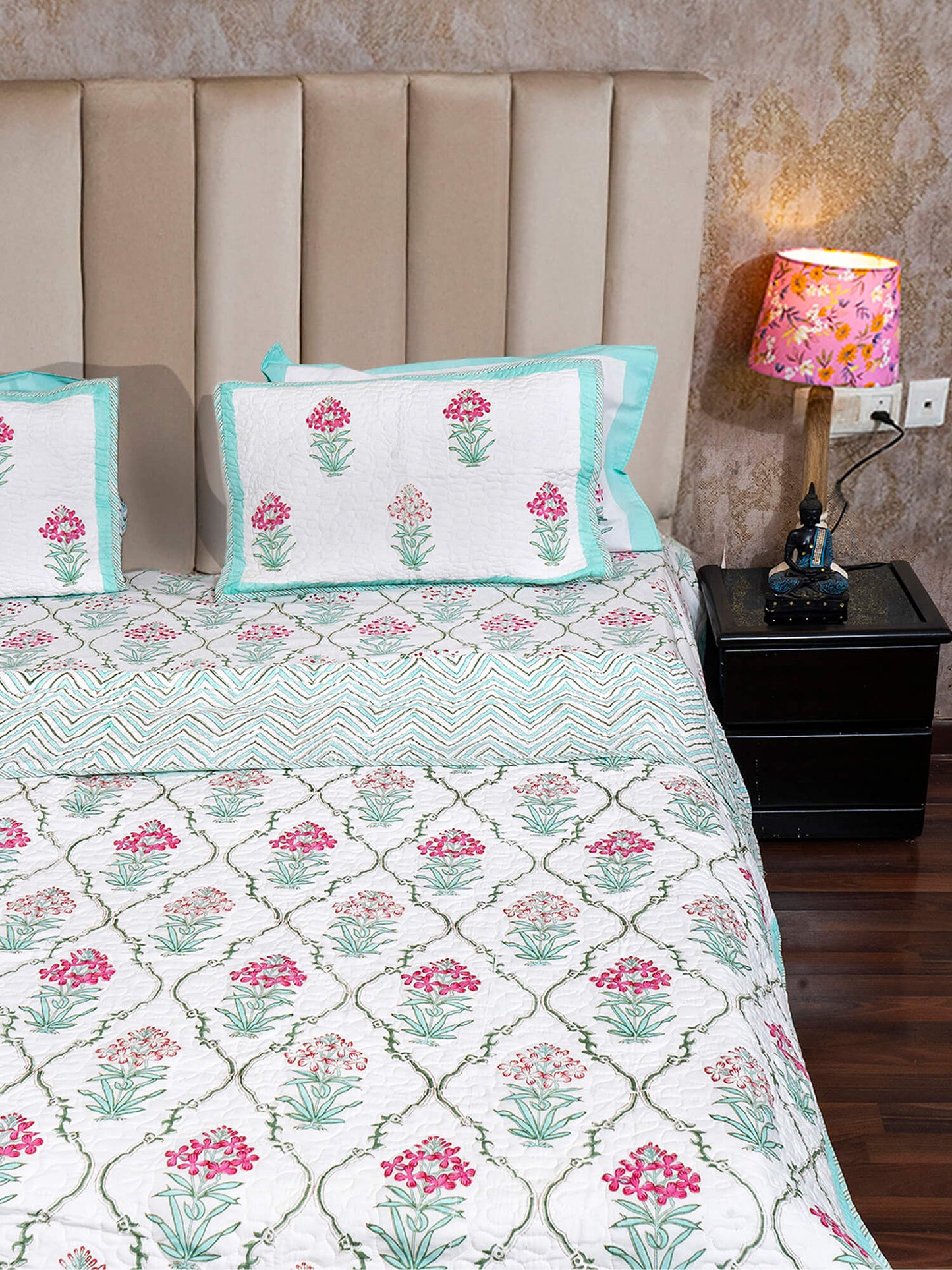 Mughal Bagh Collection -Handcrafted Quilted Cotton Bedcover with Two Pillow Covers