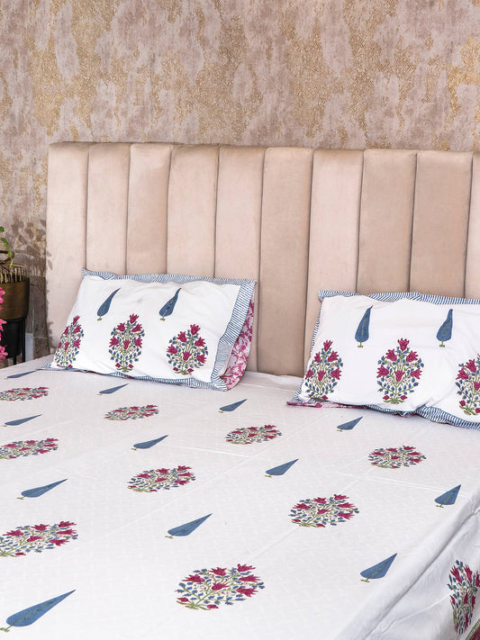 Hunar Bagh Collection - Hand Block Printed Super King Bedsheet with Reversible Pillow Covers (108 x 108 inches)