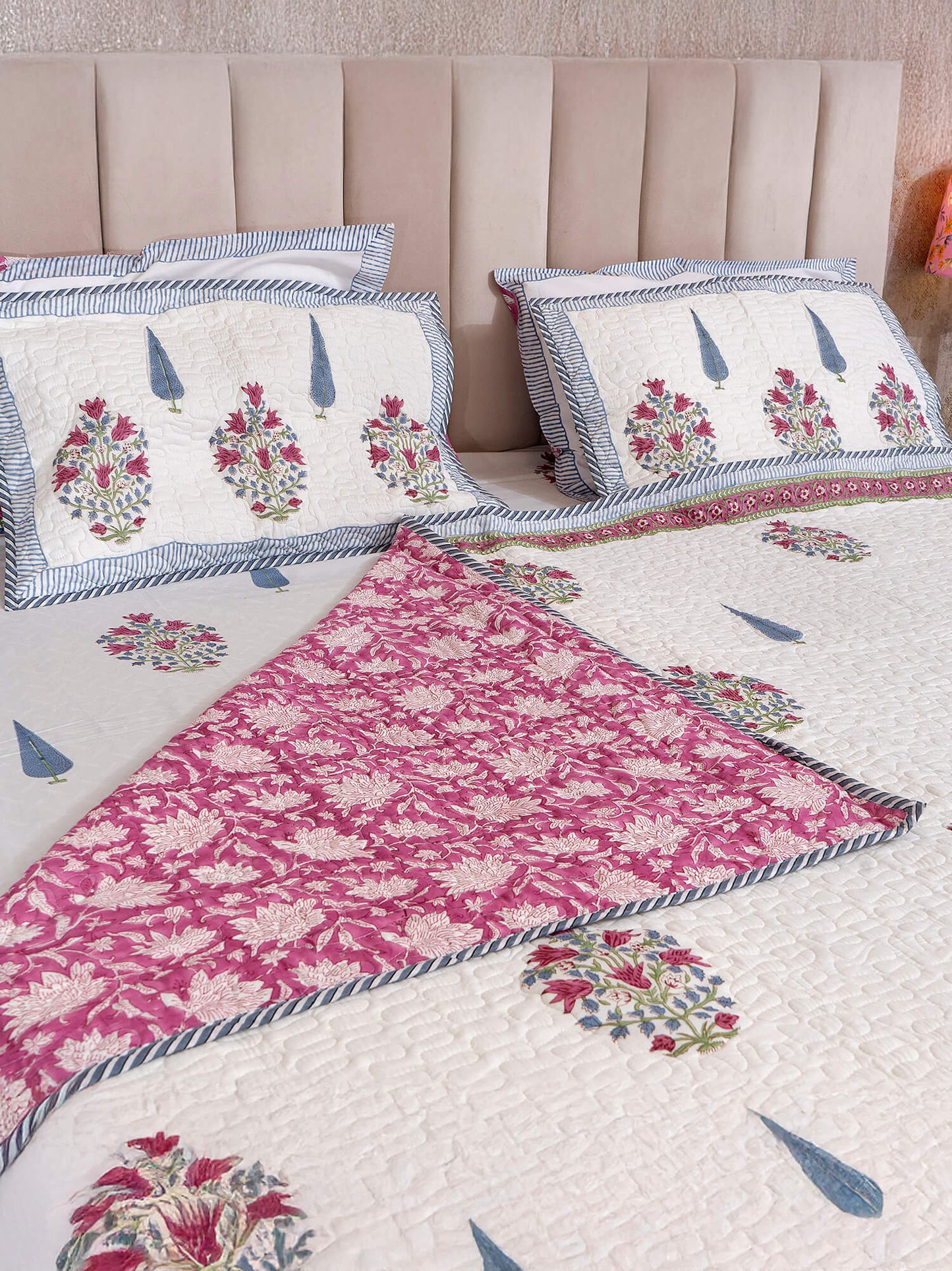 Hunar Bagh Collection - Handcrafted Quilted Cotton Bedcover with Two Pillow Covers