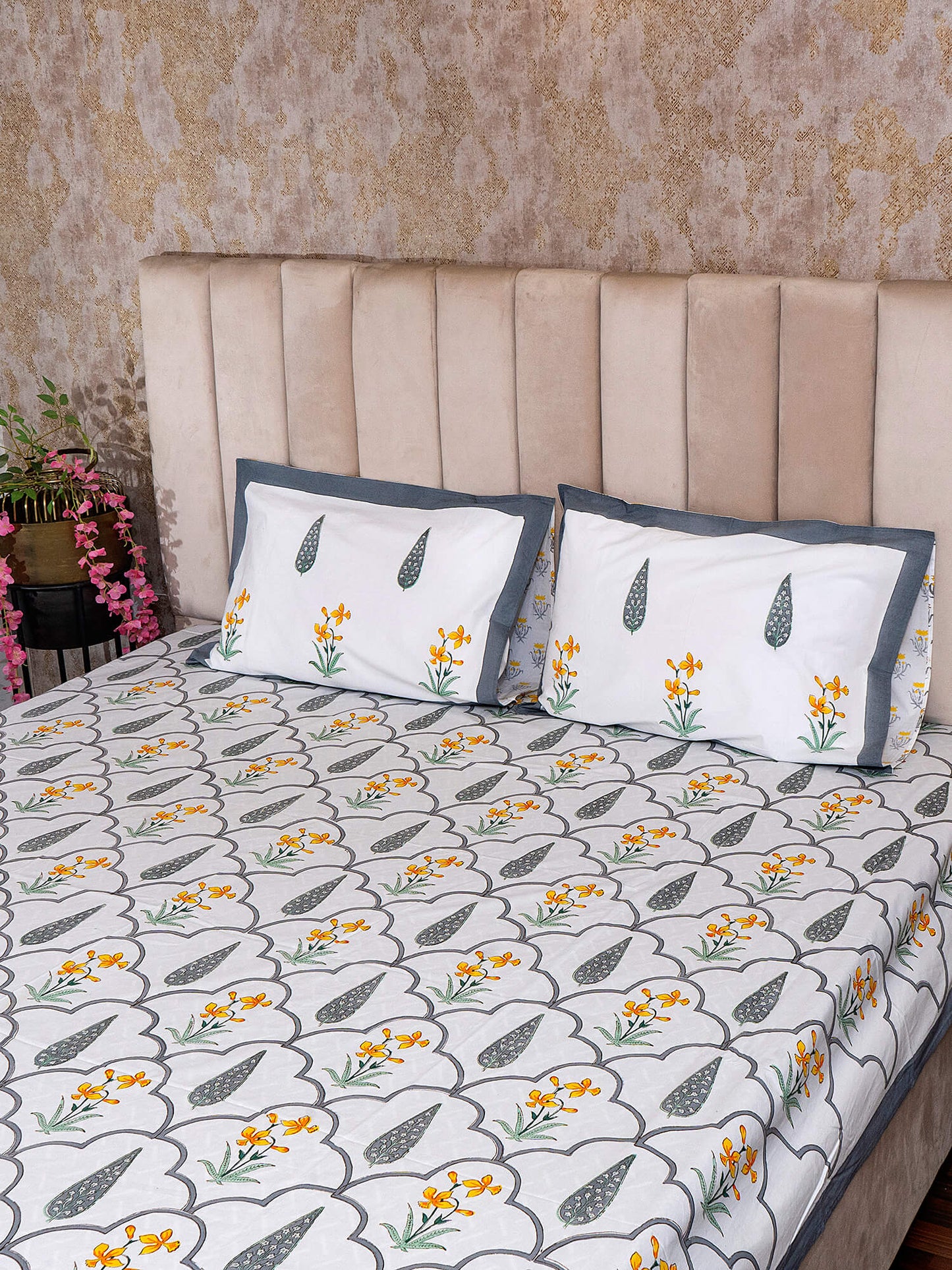 Meera Bagh Collection - Hand Block Printed King Bedsheet with Reversible Pillow Covers (90 x 108 inches)