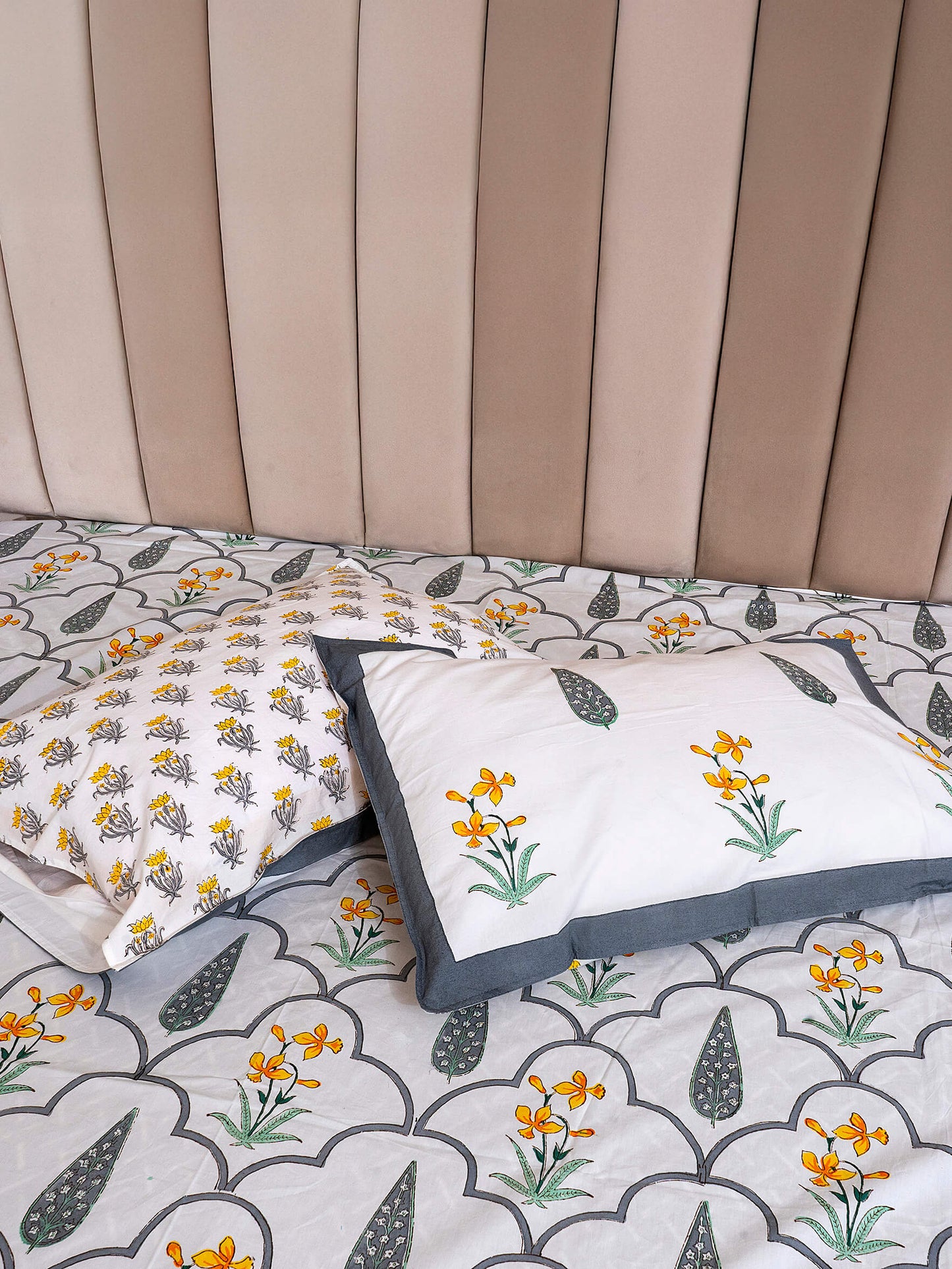 Meera Bagh Collection - Hand Block Printed King Bedsheet with Reversible Pillow Covers (90 x 108 inches)