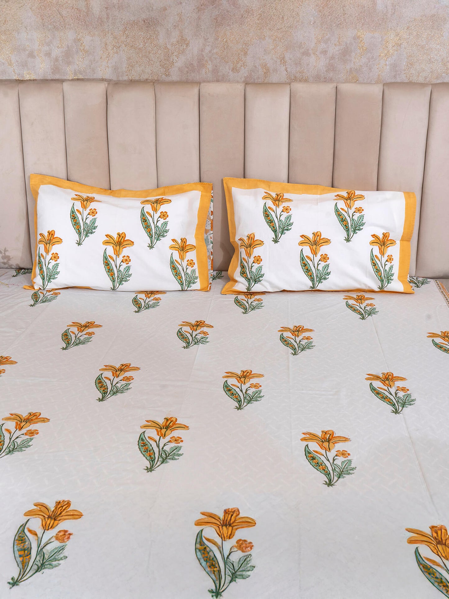 Sunhera Bagh Collection - Hand Block Printed King Bedsheet with Reversible Pillow Covers (90 x 108 inches)