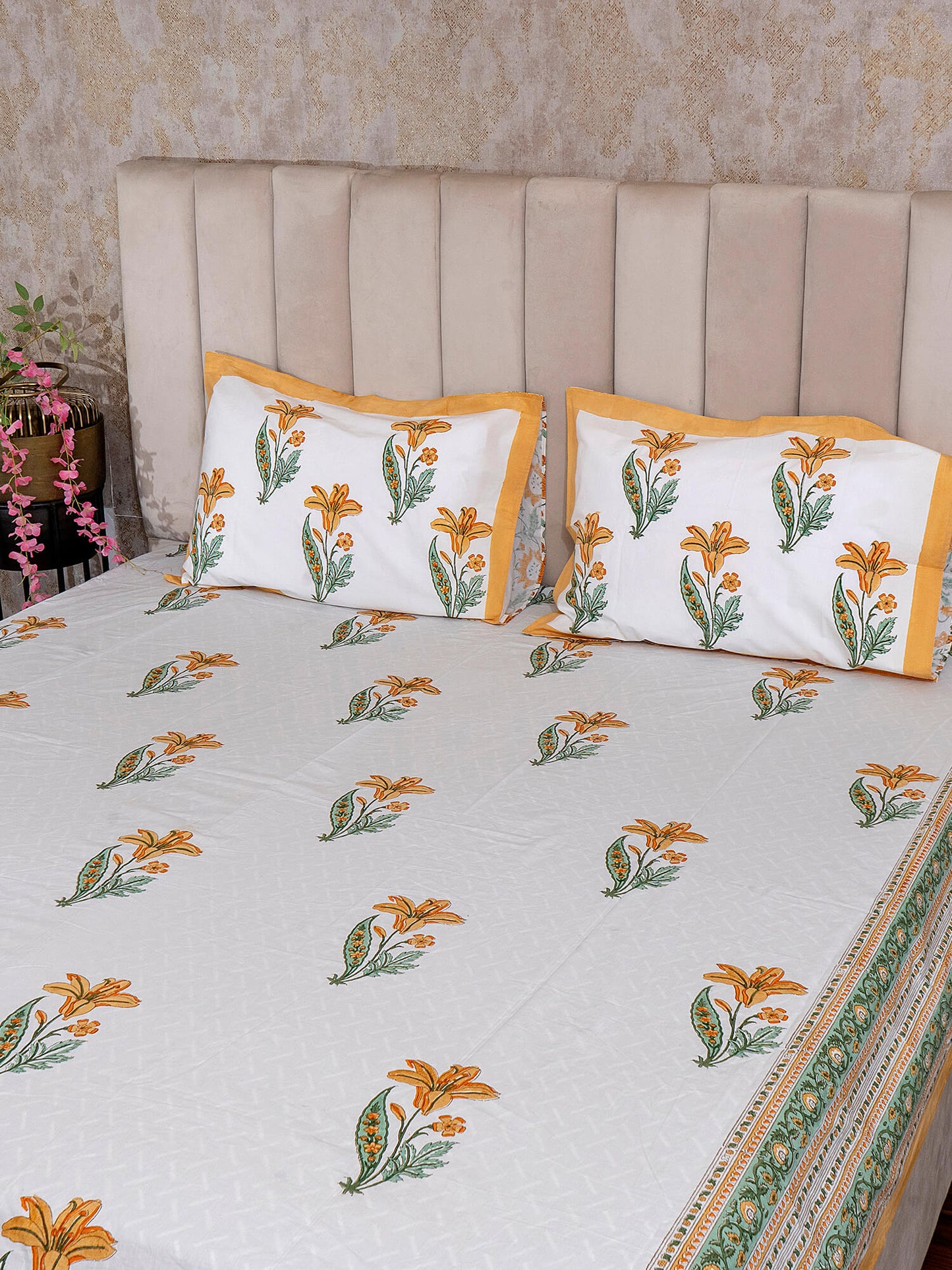 Sunhera Bagh Collection - Hand Block Printed King Bedsheet with Reversible Pillow Covers (90 x 108 inches)