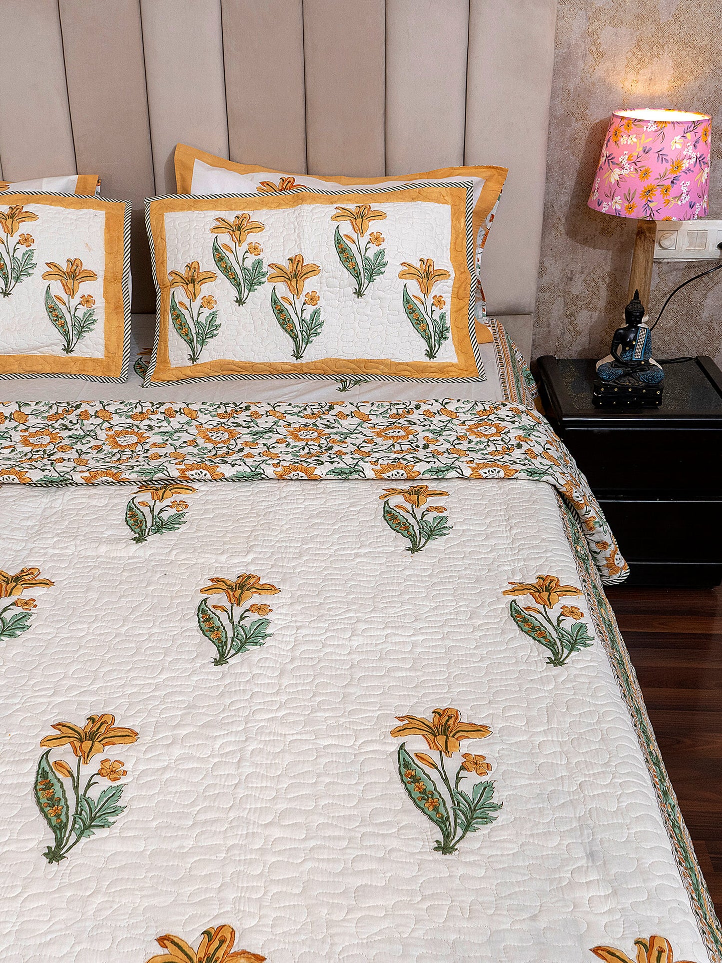 Sunhera Bagh Collection - Handcrafted Quilted Cotton Bedcover with Two Pillow Covers