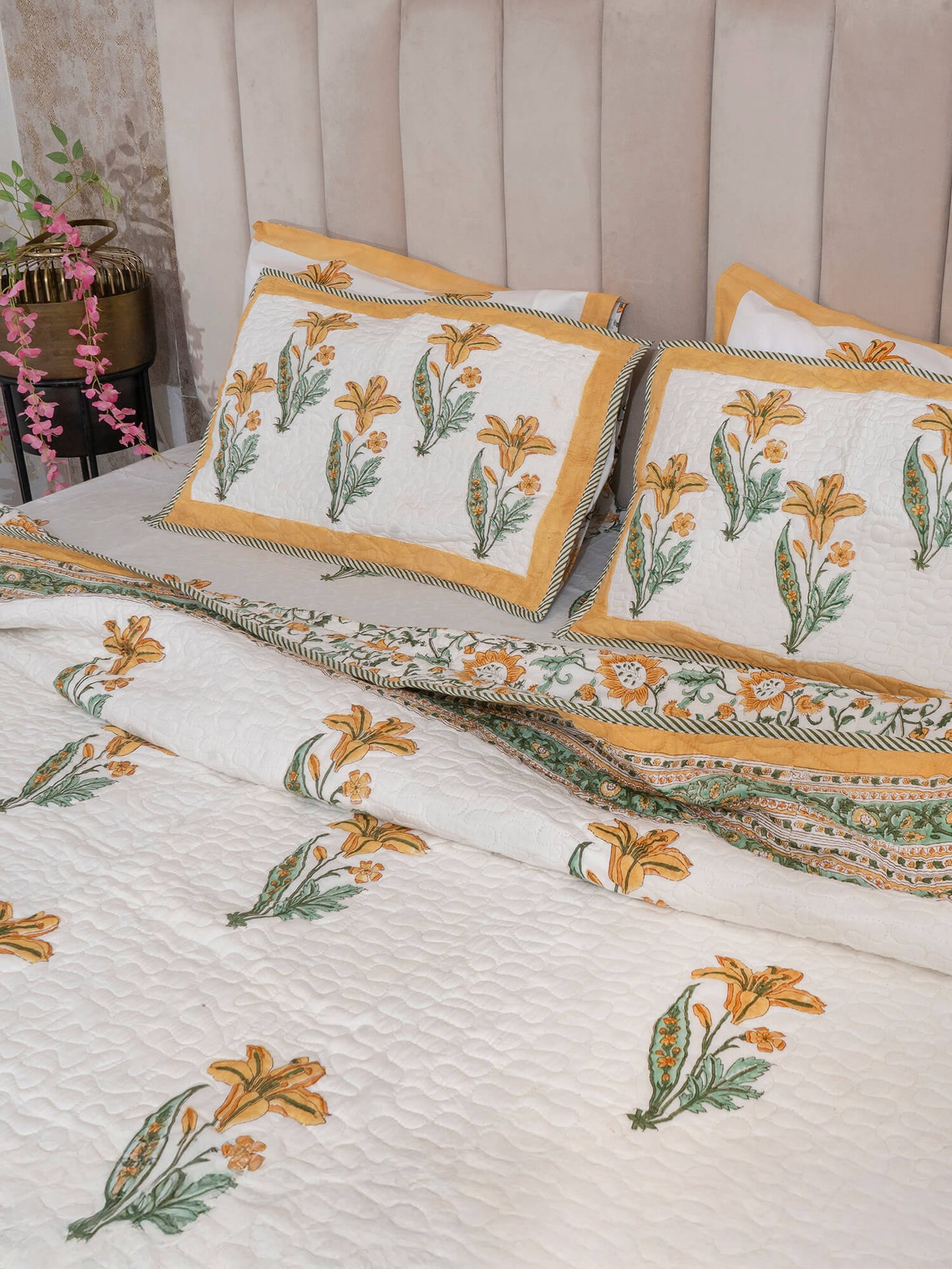 Sunhera Bagh Collection - Handcrafted Quilted Cotton Bedcover with Two Pillow Covers