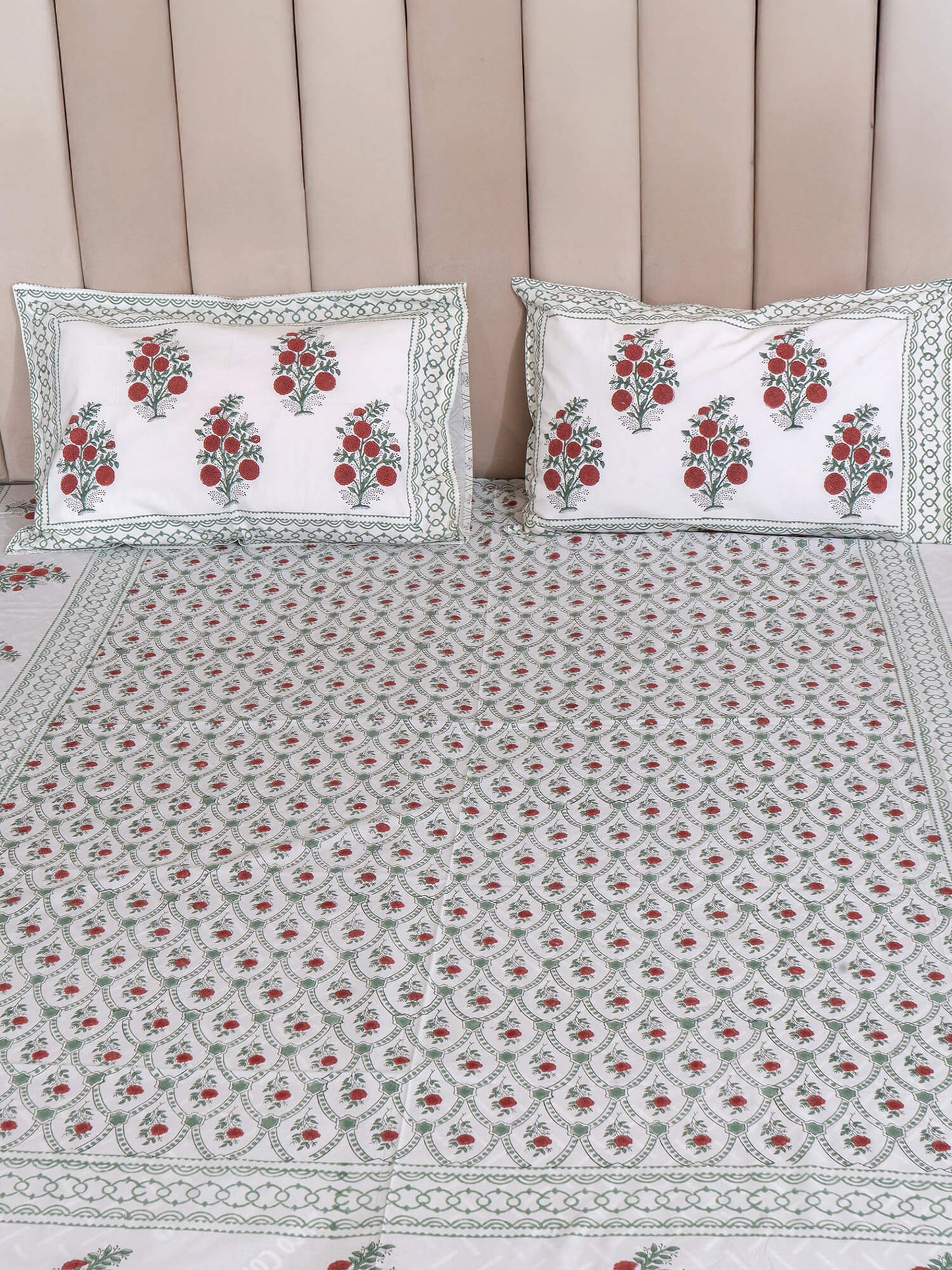 Anar Bagh Collection - Hand Block Printed Super King Bedsheet with Reversible Pillow Covers (108 x 108 inches)