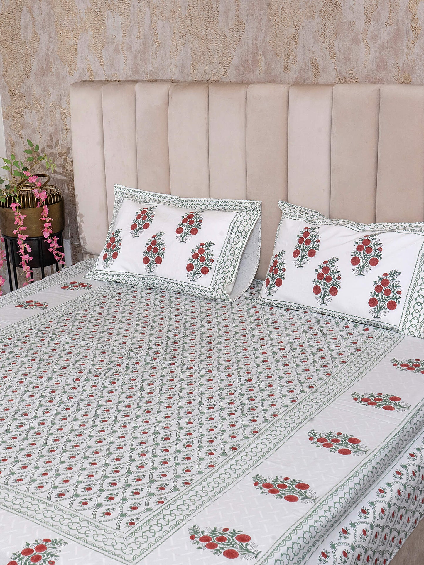 Anar Bagh Collection - Hand Block Printed Super King Bedsheet with Reversible Pillow Covers (108 x 108 inches)