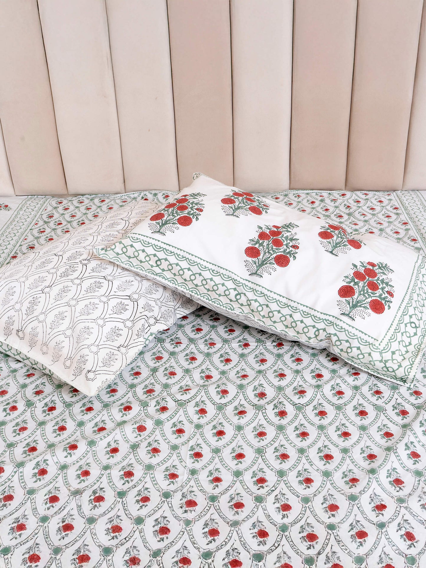 Anar Bagh Collection - Hand Block Printed Super King Bedsheet with Reversible Pillow Covers (108 x 108 inches)