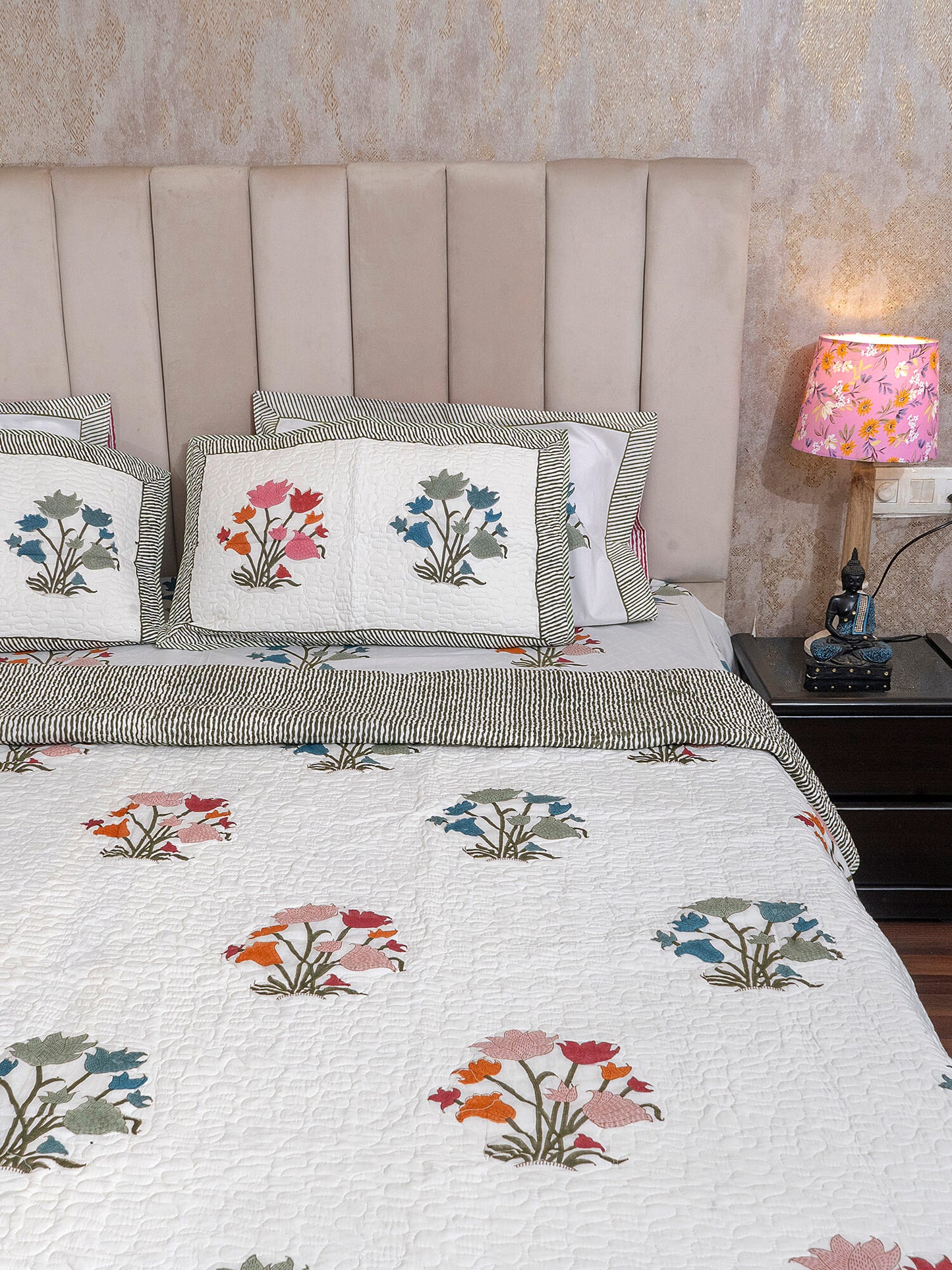 Rang Bagh Collection - Handcrafted Quilted Cotton Bedcover with Two Pillow Covers