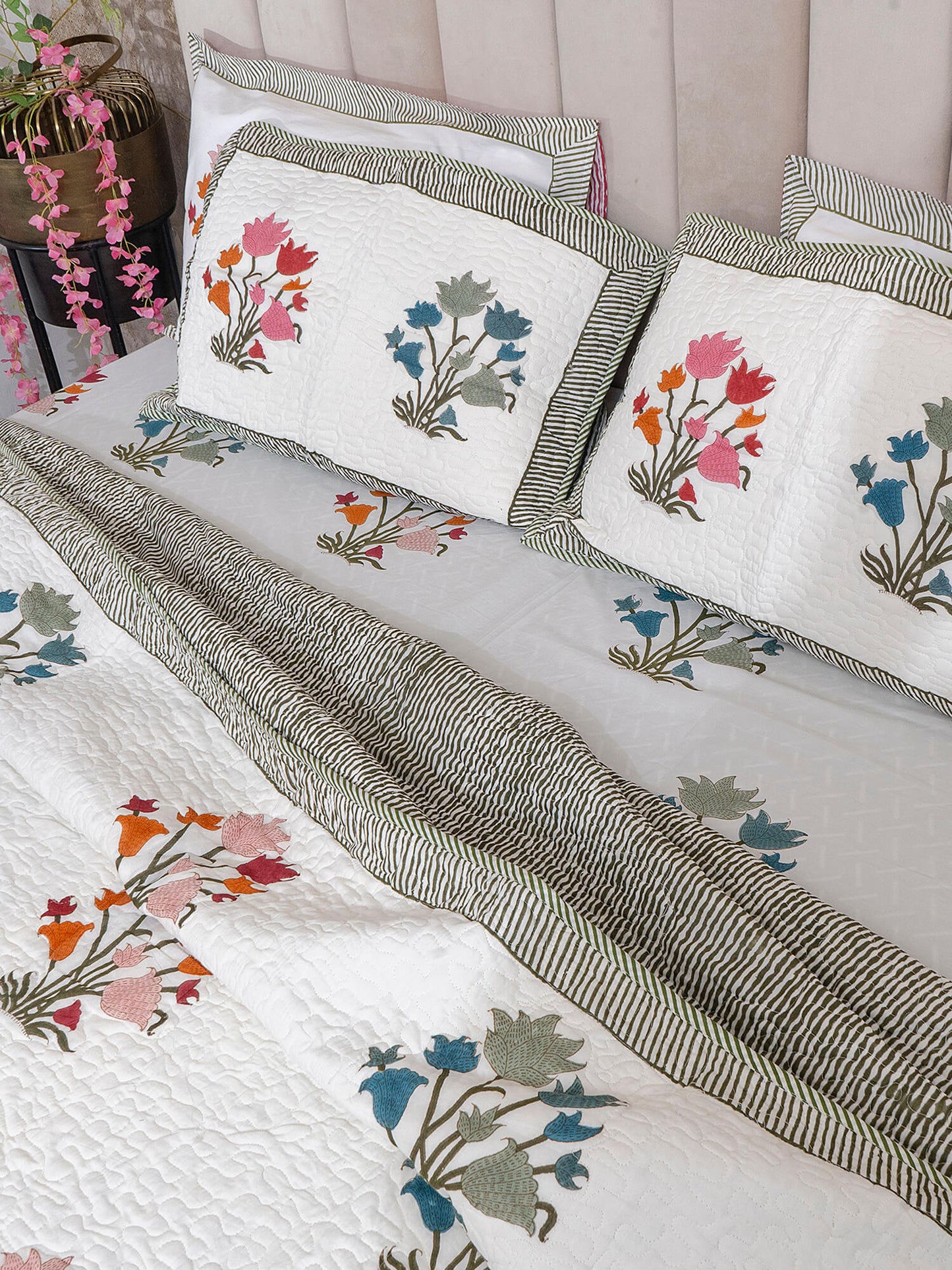 Rang Bagh Collection - Handcrafted Quilted Cotton Bedcover with Two Pillow Covers