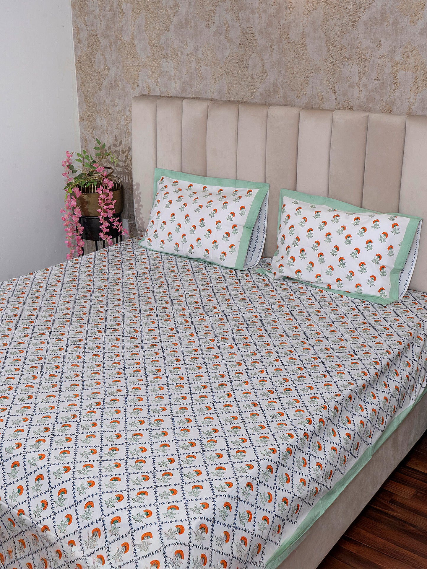 Aman Bagh Collection - Hand Block Printed Super King Bedsheet with Reversible Pillow Covers (108 x 108 inches)