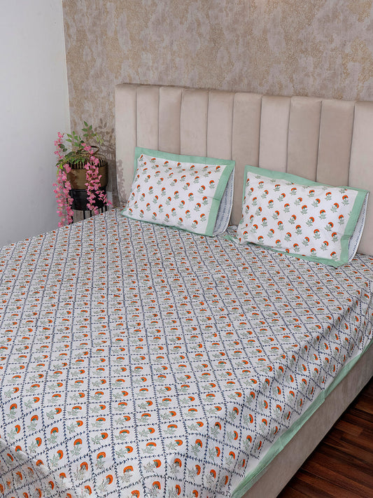 Aman Bagh Collection - Hand Block Printed King Bedsheet with Reversible Pillow Covers (90 x 108 inches)