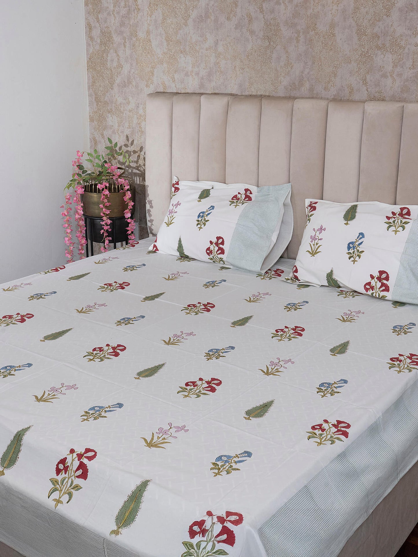 Phool Bagh Collection - Hand Block Printed Super King Bedsheet with Reversible Pillow Covers (108 x 108 inches)