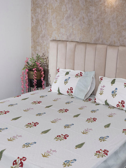 Phool Bagh Collection - Hand Block Printed King Bedsheet with Reversible Pillow Covers (90 x 108 inches)