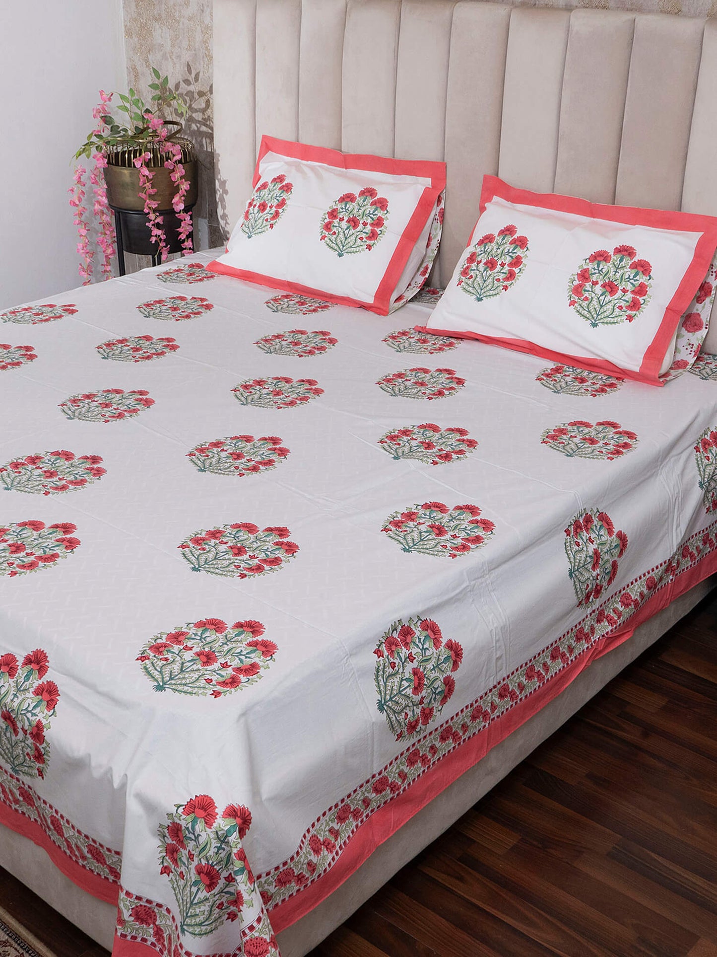 Kishan Bagh Collection - Hand Block Printed Super King Bedsheet with Reversible Pillow Covers (108 x 108 inches)