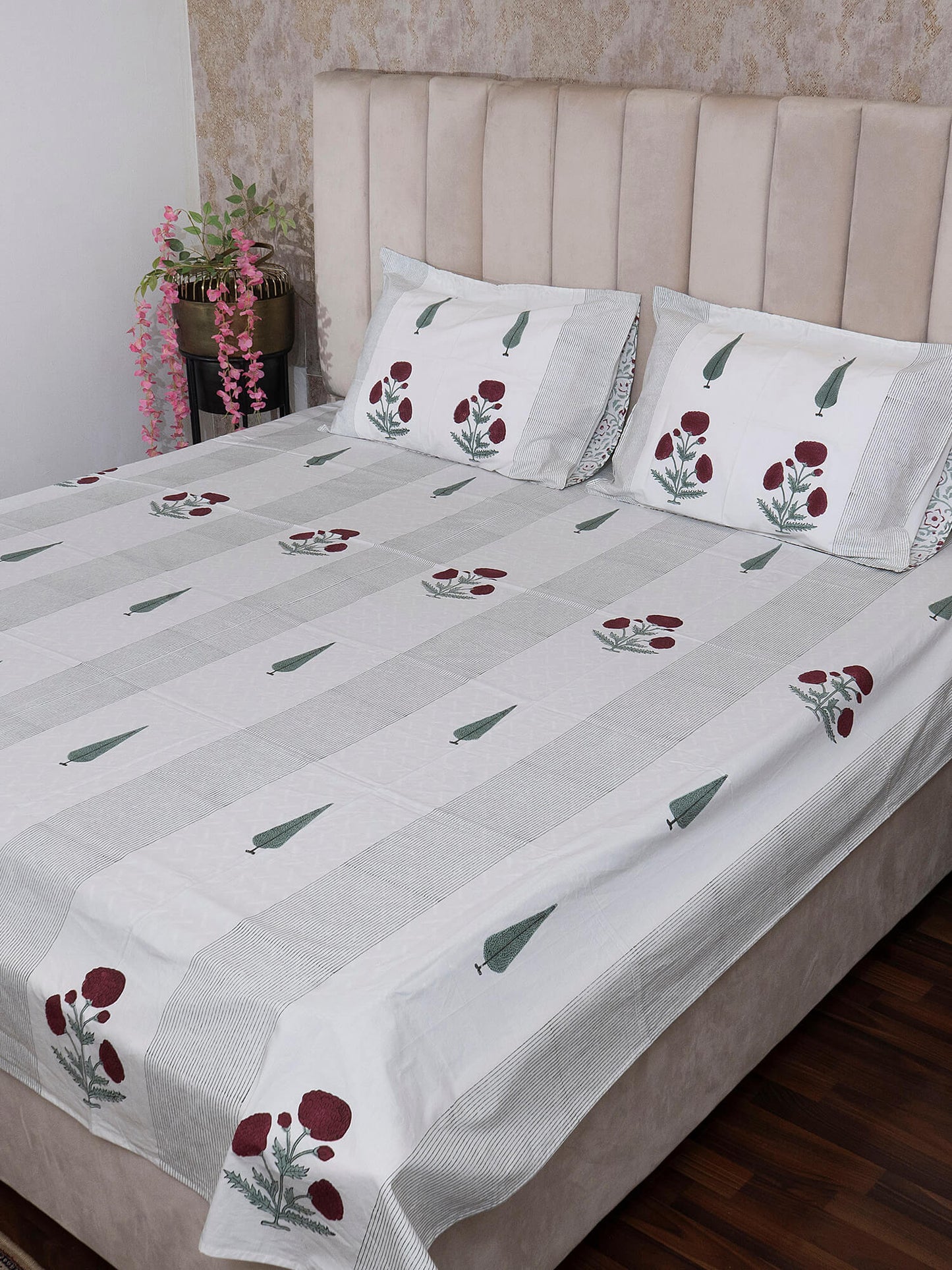 Khas Bagh Collection - Hand Block Printed King Bedsheet with Reversible Pillow Covers (90 x 108 inches)