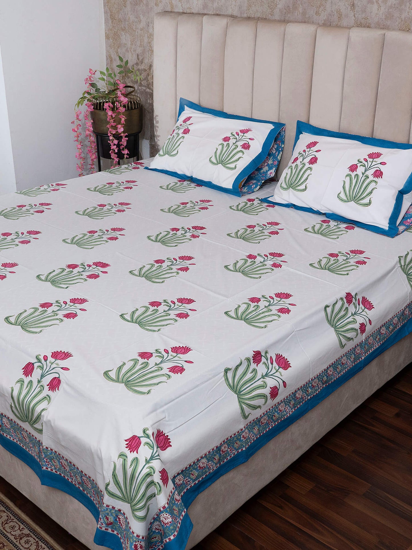 Sajjan Bagh Collection - Hand Block Printed Super King Bedsheet with Reversible Pillow Covers (108 x 108 inches)