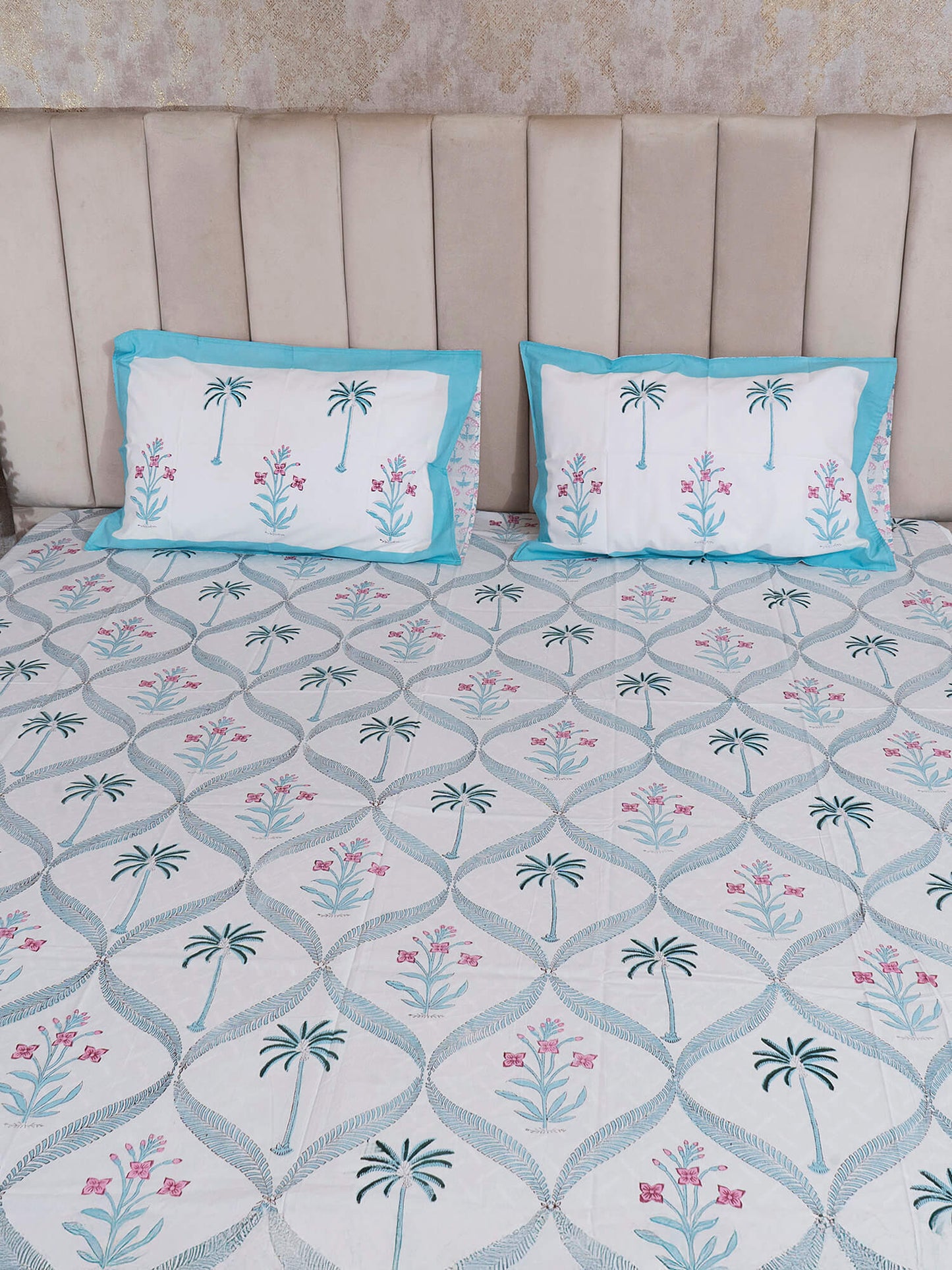 Ram Bagh Collection - Hand Block Printed King Bedsheet with Reversible Pillow Covers (90 x 108 inches)