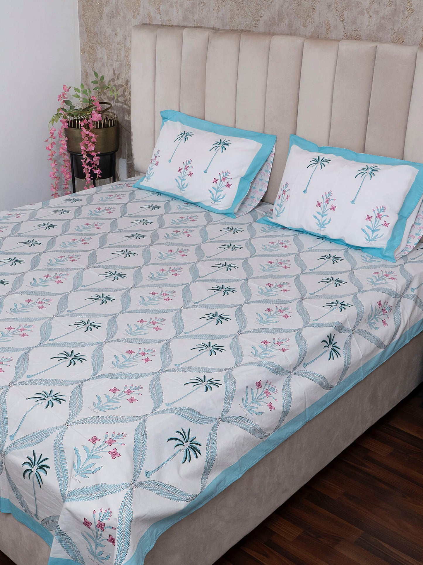 Ram Bagh Collection - Hand Block Printed King Bedsheet with Reversible Pillow Covers (90 x 108 inches)