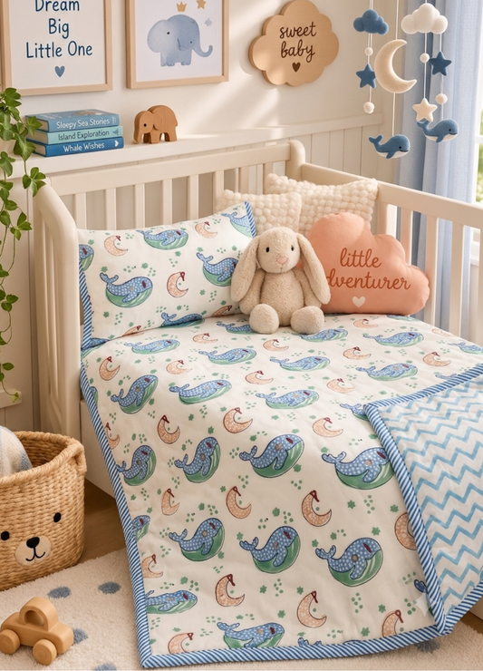 Kids Reversible Mulmul Quilt - Whales