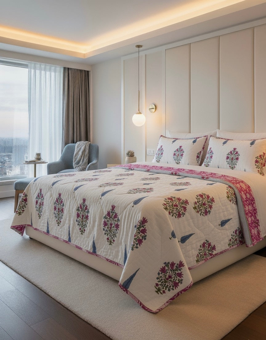 Hunar Bagh Handblock Printed Reversible Mulmul Cotton Quilt - Double (90 x 108 inch)