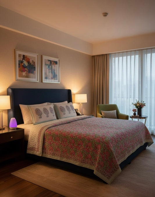 Handcrafted Quilted Cotton Bedcover with Two Pillow Covers