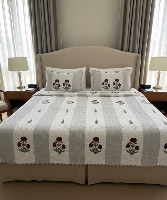 Handcrafted Quilted Cotton Bedcover with Two Pillow Covers