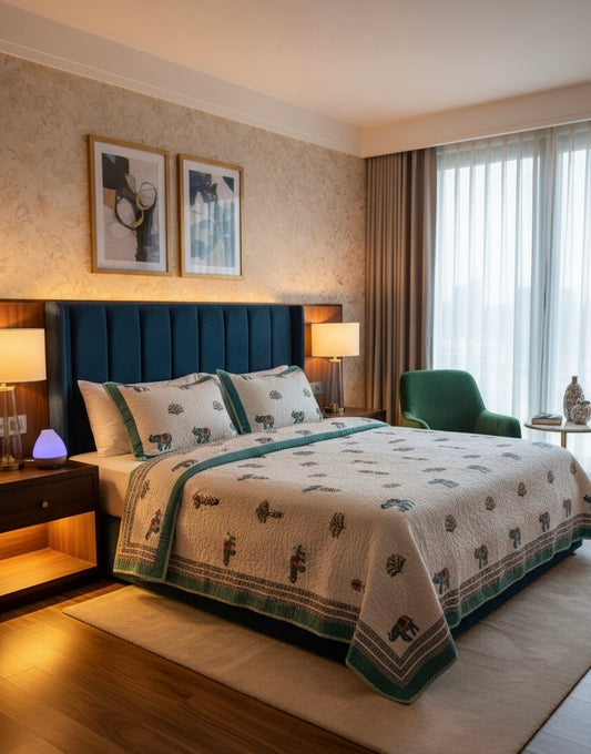 Handcrafted Quilted Cotton Bedcover with Two Pillow Covers