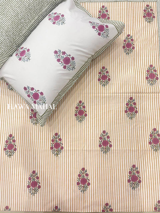 Gulnaar Hand Block Printed Super King Bedsheet with Reversible Pillow Covers (108 x 108 inches)
