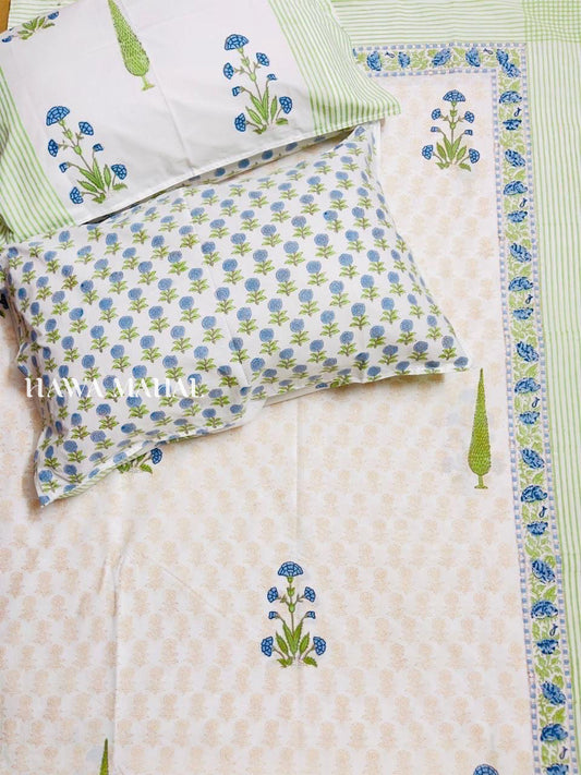 Mahi Hand Block Printed Super King Bedsheet with Reversible Pillow Covers (108 x 108 inches)