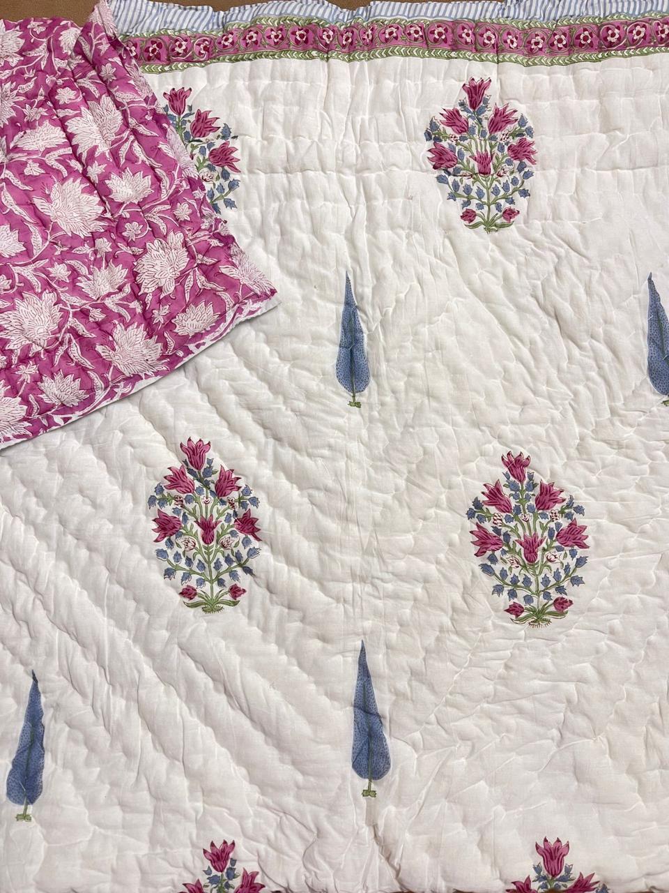 Hunar Bagh Handblock Printed Reversible Mulmul Cotton Quilt - Double (90 x 108 inch)