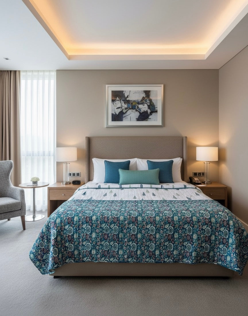 Blue cypress- Handblock Printed Reversible Mulmul Cotton Quilt - Double (90 x 108 inch)