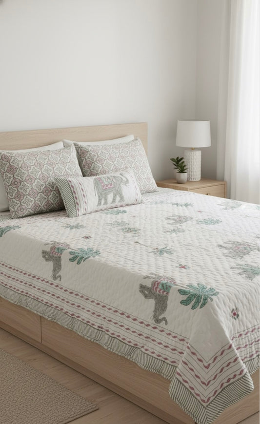 Elephant Handblock Printed Reversible Mulmul Cotton Quilt - Single (60 x 90 inch)