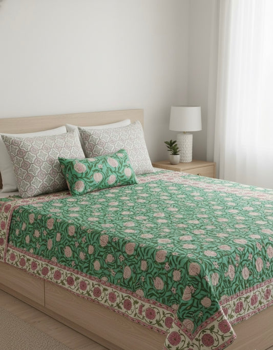 Green Floral Jaipuri Quilt- Handblock Printed Reversible Mulmul Cotton Quilt - Double (90 x 108 inch)