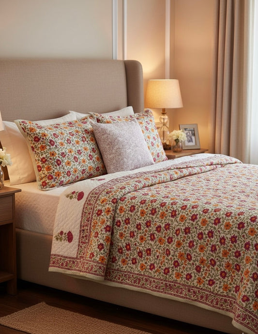 Red Floral Jaipuri Quilt- Handblock Printed Reversible Mulmul Cotton Quilt - Double (90 x 108 inch)