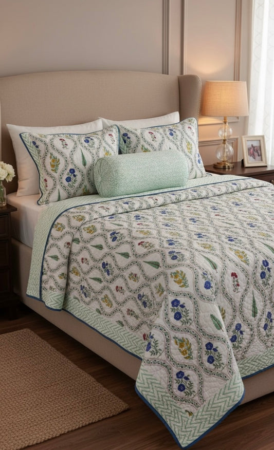 Blue Floral Jaipuri Quilt- Handblock Printed Reversible Mulmul Cotton Quilt - Double (90 x 108 inch)