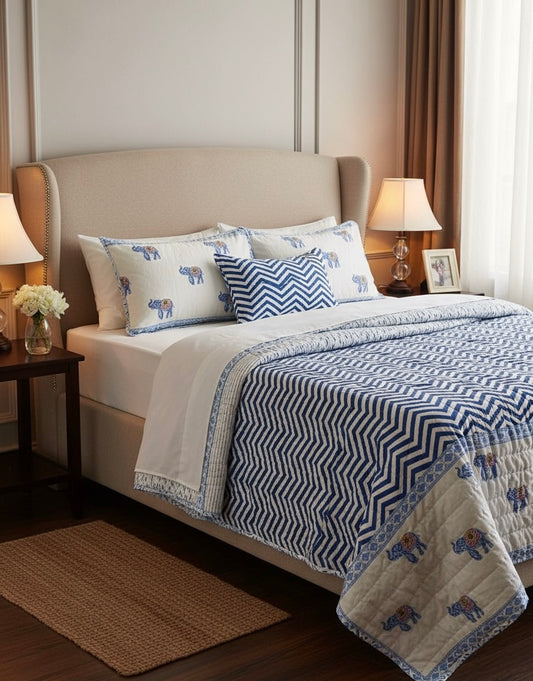 Zigzag Jaipuri Quilt- Handblock Printed Reversible Mulmul Cotton Quilt - Double (90 x 108 inch)