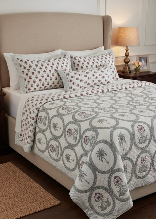 Grey Jaipuri Quilt- Handblock Printed Reversible Mulmul Cotton Quilt - Double (90 x 108 inch)