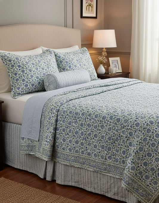 Floral Jaipuri Quilt- Handblock Printed Reversible Mulmul Cotton Quilt - Double (90 x 108 inch)