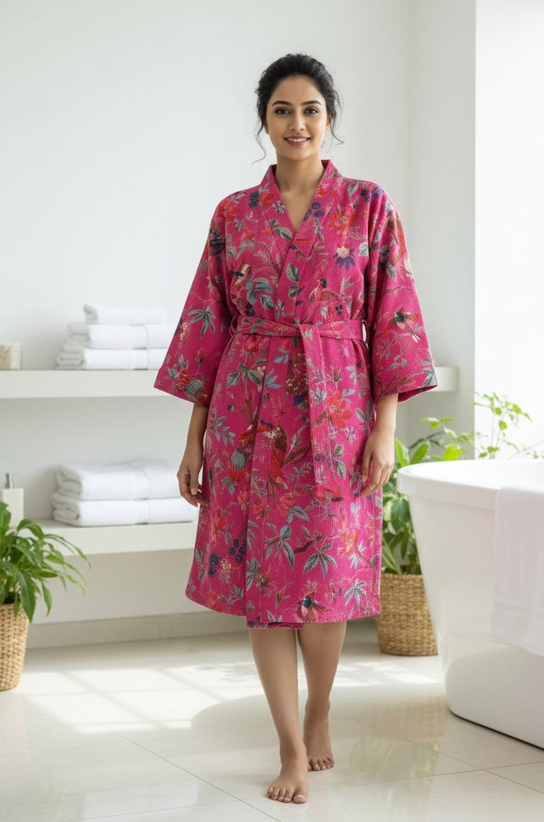Pink Hand Block Printed Cotton Waffle Bathrobe – Ultra Soft & Absorbent