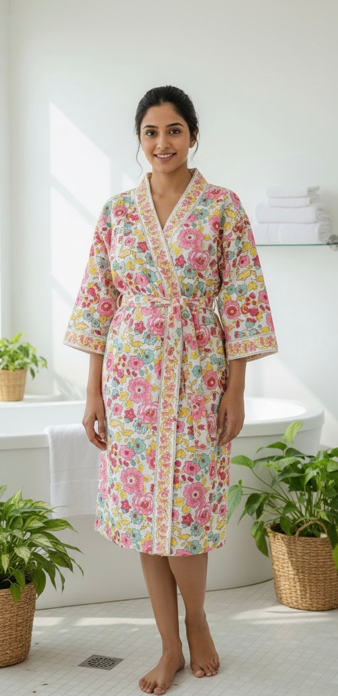 Yellow Hand Block Printed Cotton Waffle Bathrobe – Ultra Soft & Absorbent