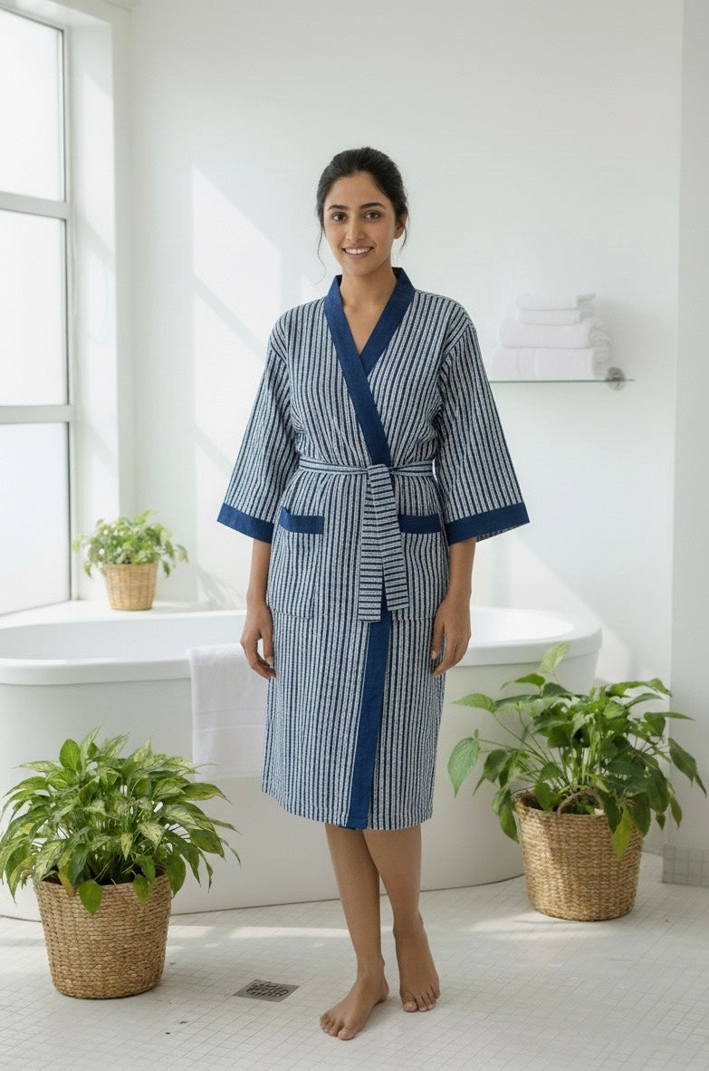 Blue Hand Block Printed Cotton Waffle Bathrobe – Ultra Soft & Absorbent