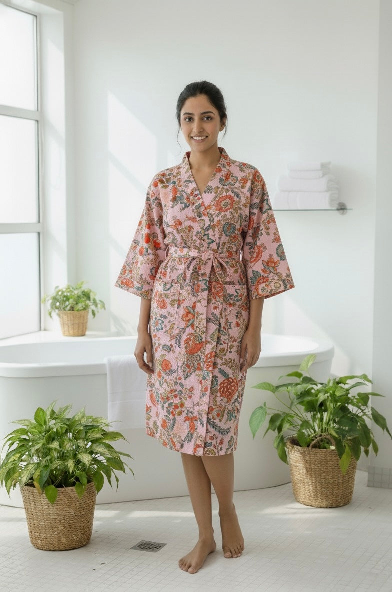 Pink Hand Block Printed Cotton Waffle Bathrobe – Ultra Soft & Absorbent